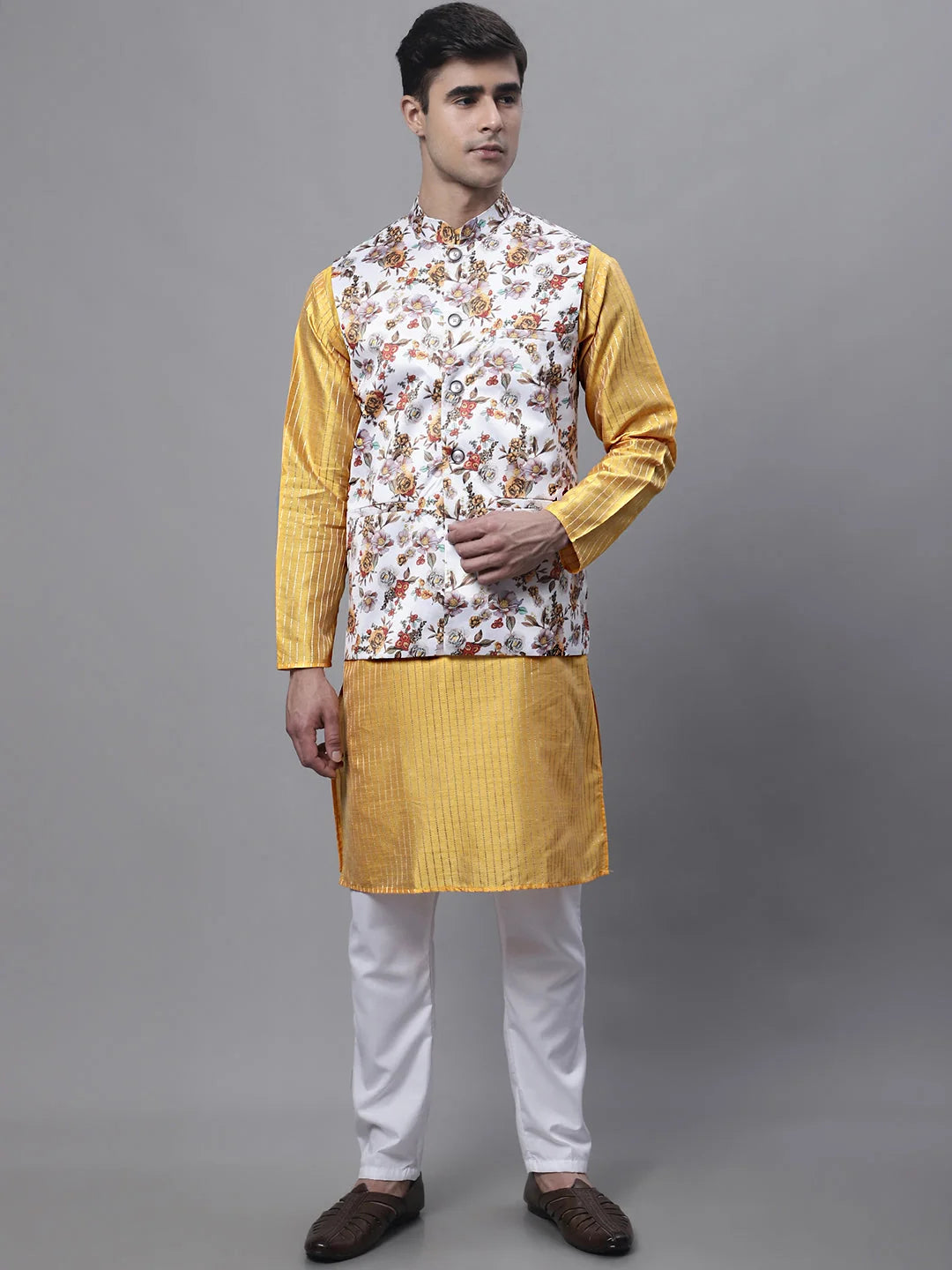 Mustard Embroidered Mens Kurta Pajama Set with Nehru Jacket