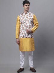 Men's Mustard Embroidered Kurta Pyjama With Wihte Printed Nehru Jacket
