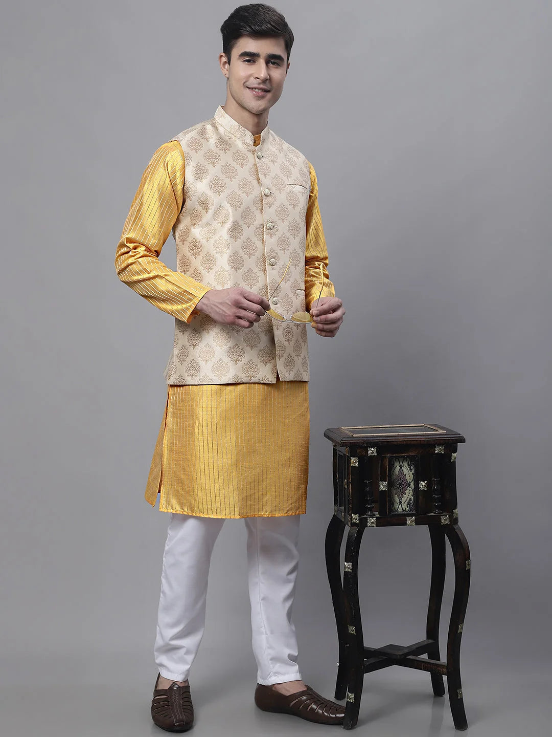 Men's Mustard Embroidered Kurta Pyjama With Floral Printed Nehru Jacket