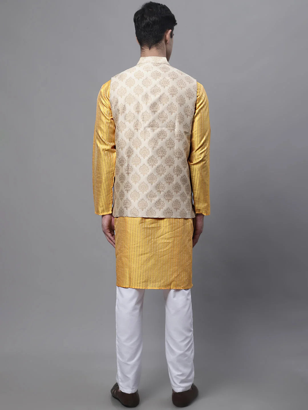 Mustard Kurta Pajama Set for Men - Floral Nehru Jacket