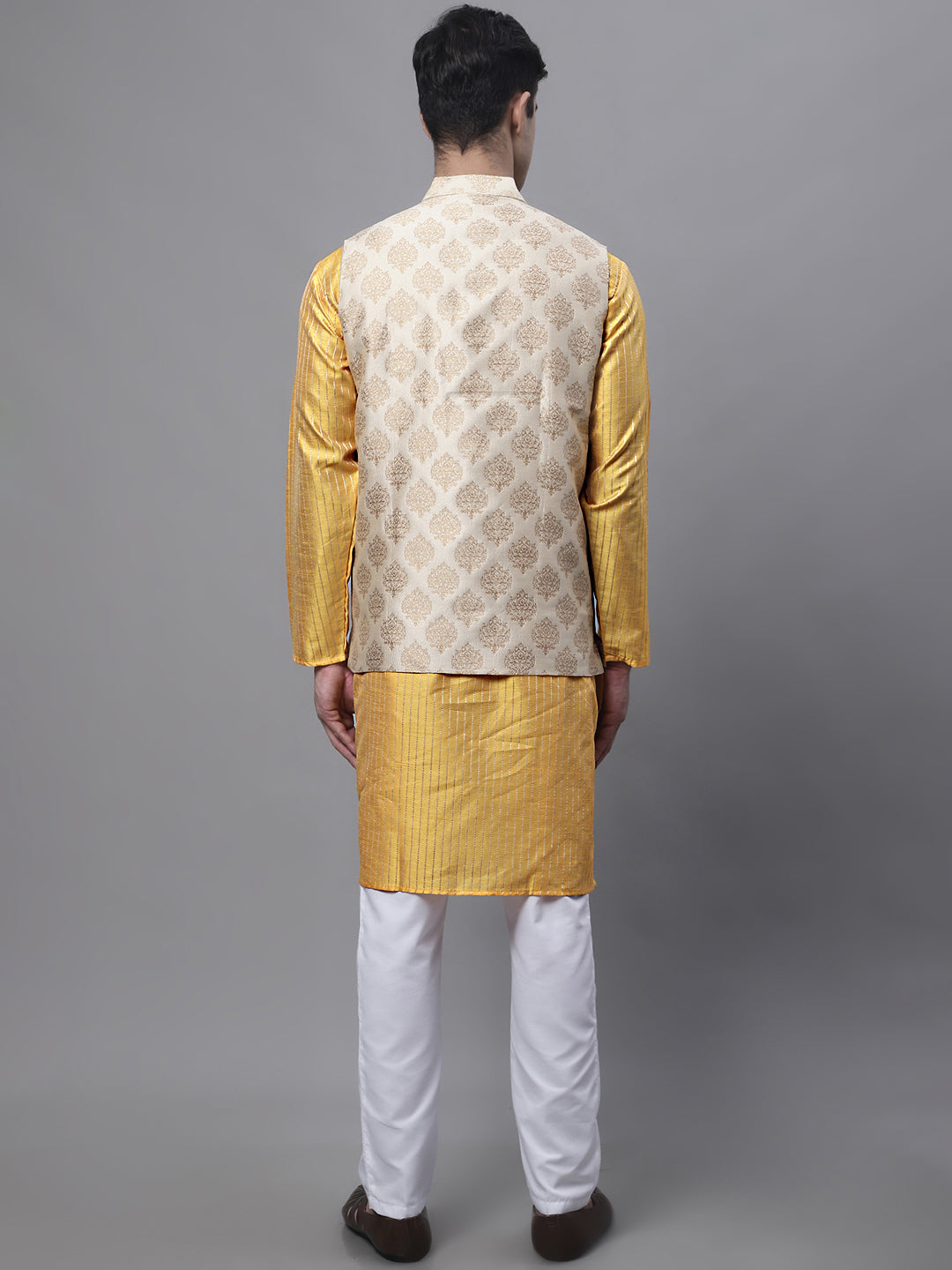 Mustard Kurta Pajama Set for Men - Floral Nehru Jacket