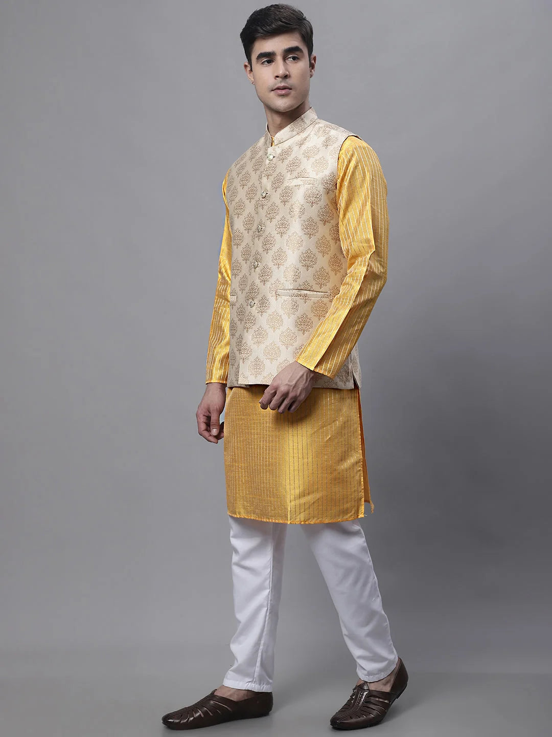 Mustard Kurta Pajama Set for Men - Floral Nehru Jacket
