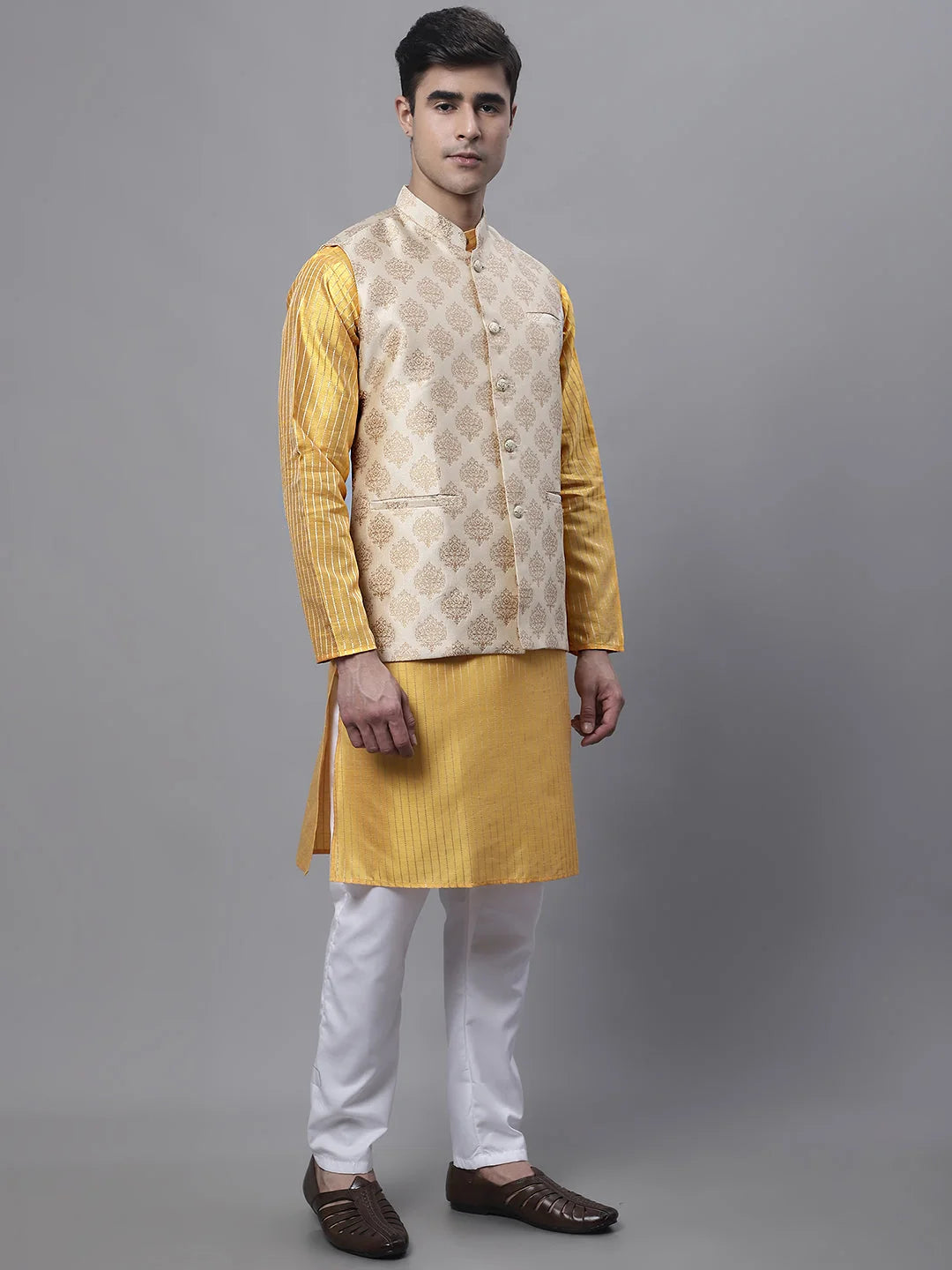 Mustard Kurta Pajama Set for Men - Floral Nehru Jacket