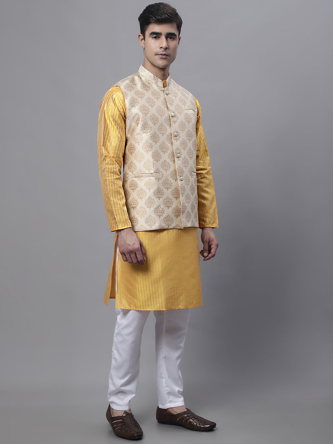 Mustard Kurta Pajama Set for Men - Floral Nehru Jacket