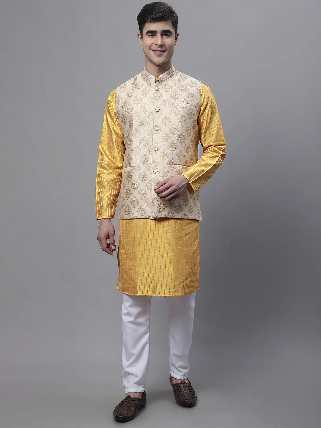 Mustard Kurta Pajama Set for Men - Floral Nehru Jacket