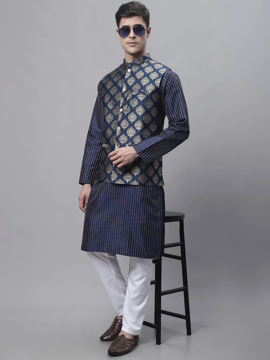 Navy Blue Mens Kurta Pajama Set with Floral Nehru Jacket