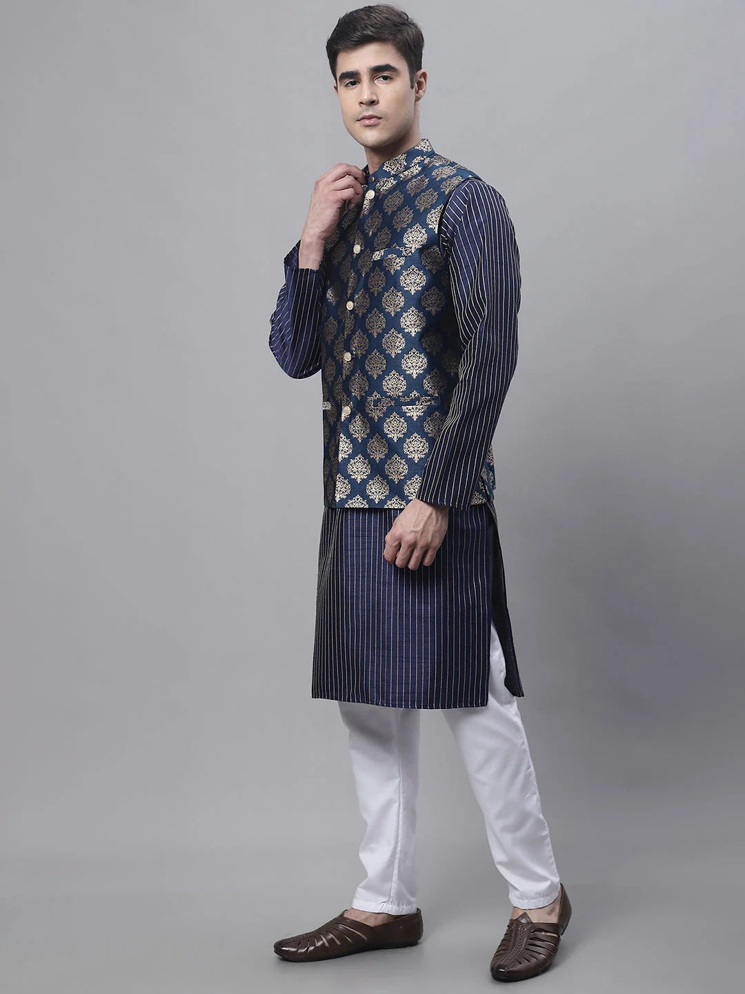 Navy Blue Mens Kurta Pajama Set with Floral Nehru Jacket