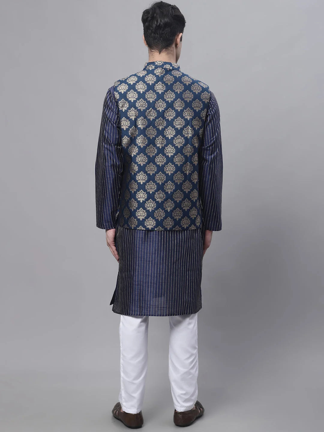 Navy Blue Mens Kurta Pajama Set with Floral Nehru Jacket