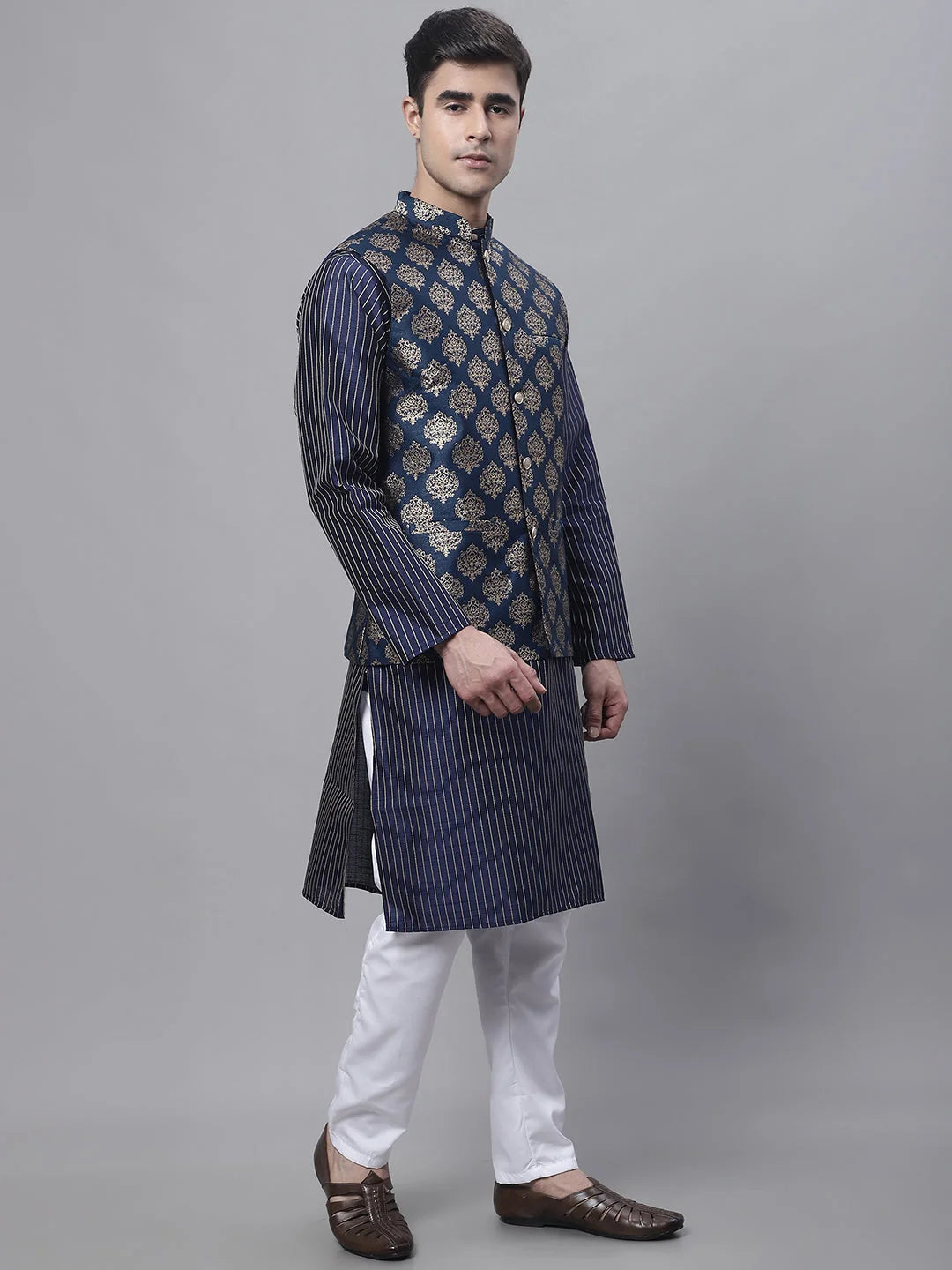 Navy Blue Mens Kurta Pajama Set with Floral Nehru Jacket