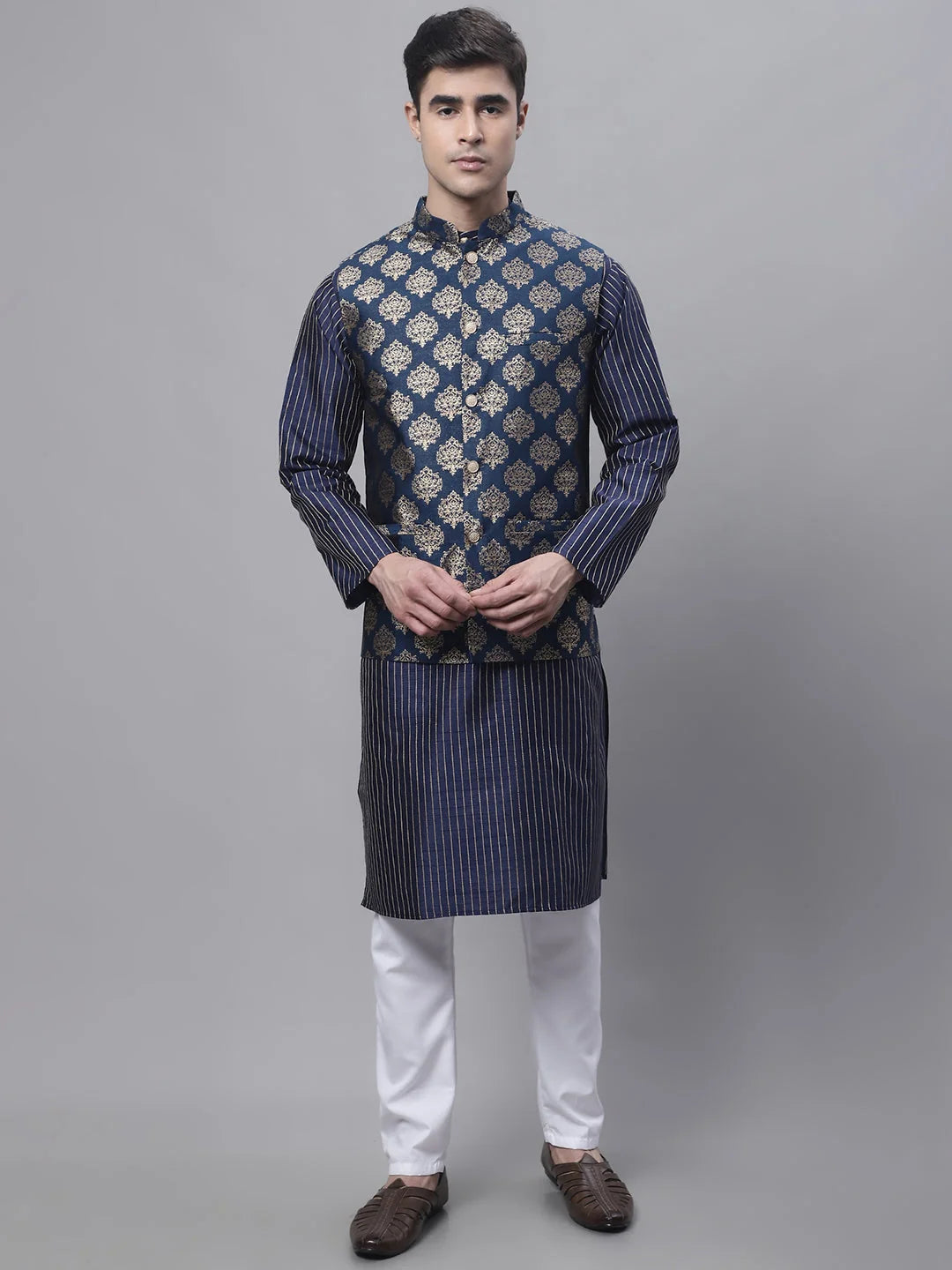 Navy Blue Mens Kurta Pajama Set with Floral Nehru Jacket