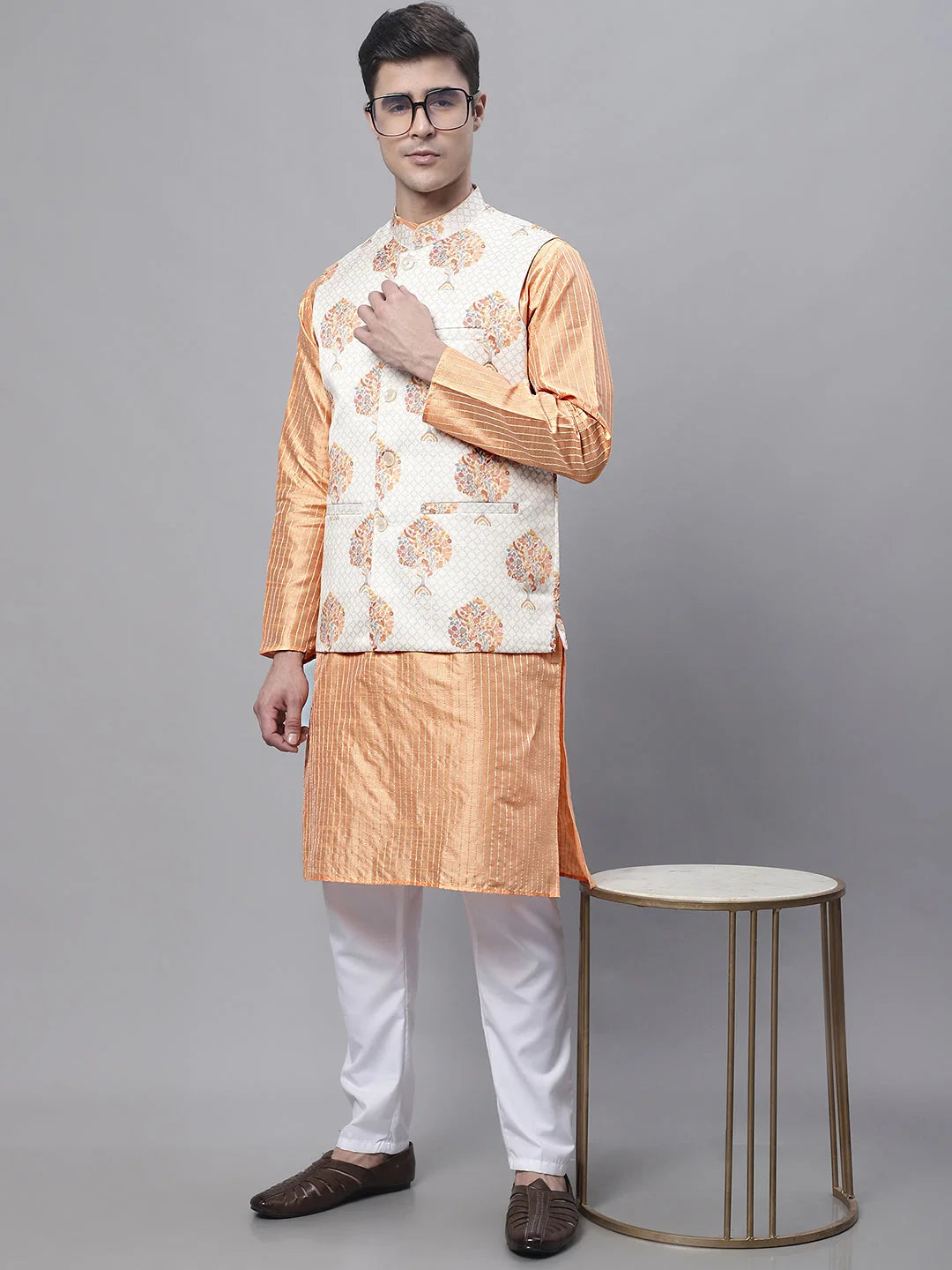 Peach Mens Kurta Pajama Set with Printed Nehru Jacket
