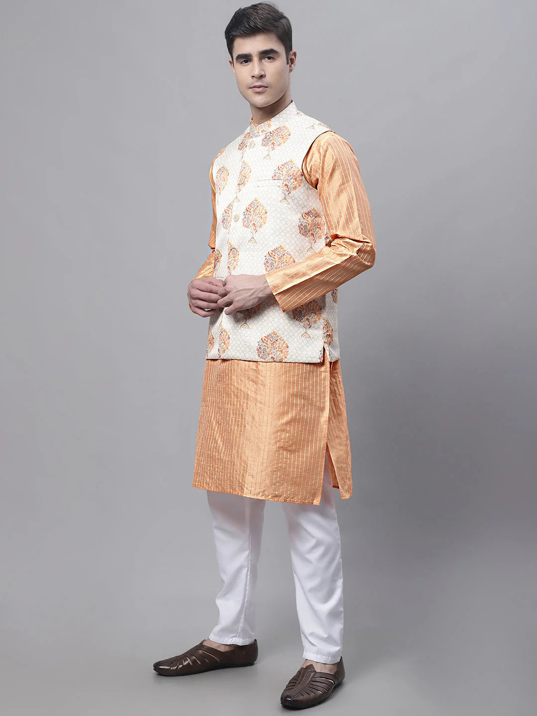 Peach Mens Kurta Pajama Set with Printed Nehru Jacket