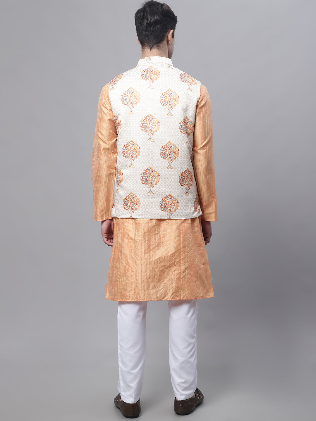 Peach Mens Kurta Pajama Set with Printed Nehru Jacket