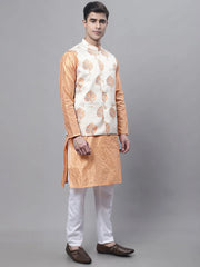 Men's Peach Embroidered Kurta Pyjama With Wihte Printed Nehru Jacket