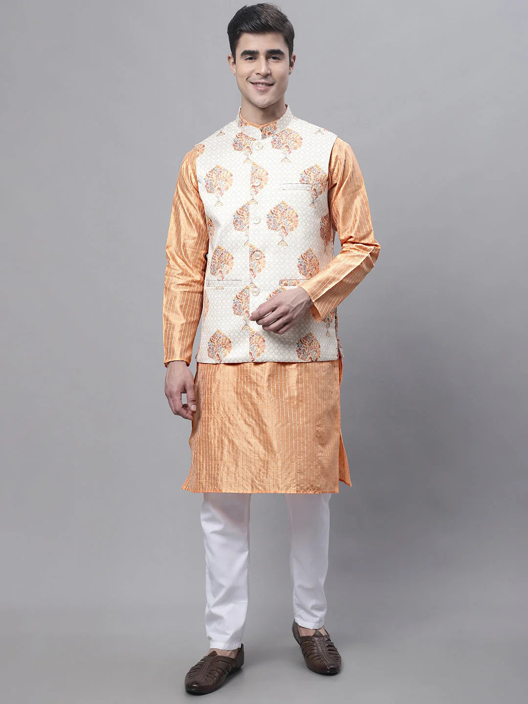 Peach Mens Kurta Pajama Set with Printed Nehru Jacket