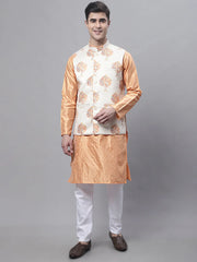 Men's Peach Embroidered Kurta Pyjama With Wihte Printed Nehru Jacket