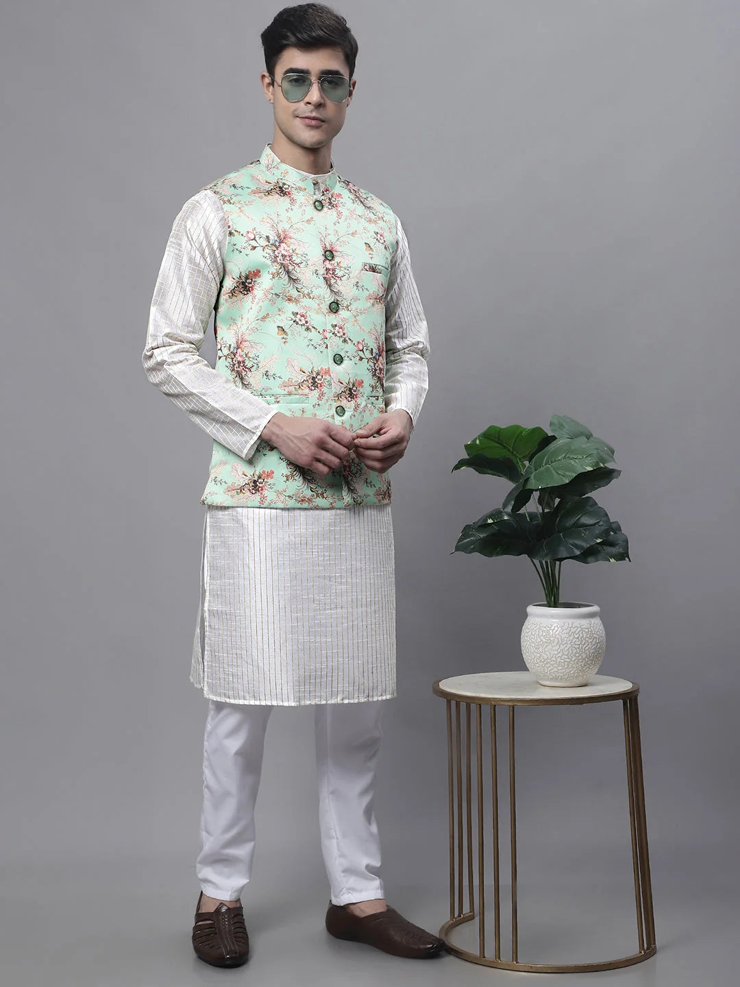 Mens Kurta Pajama Set - Off White Embroidered Nehru Jacket