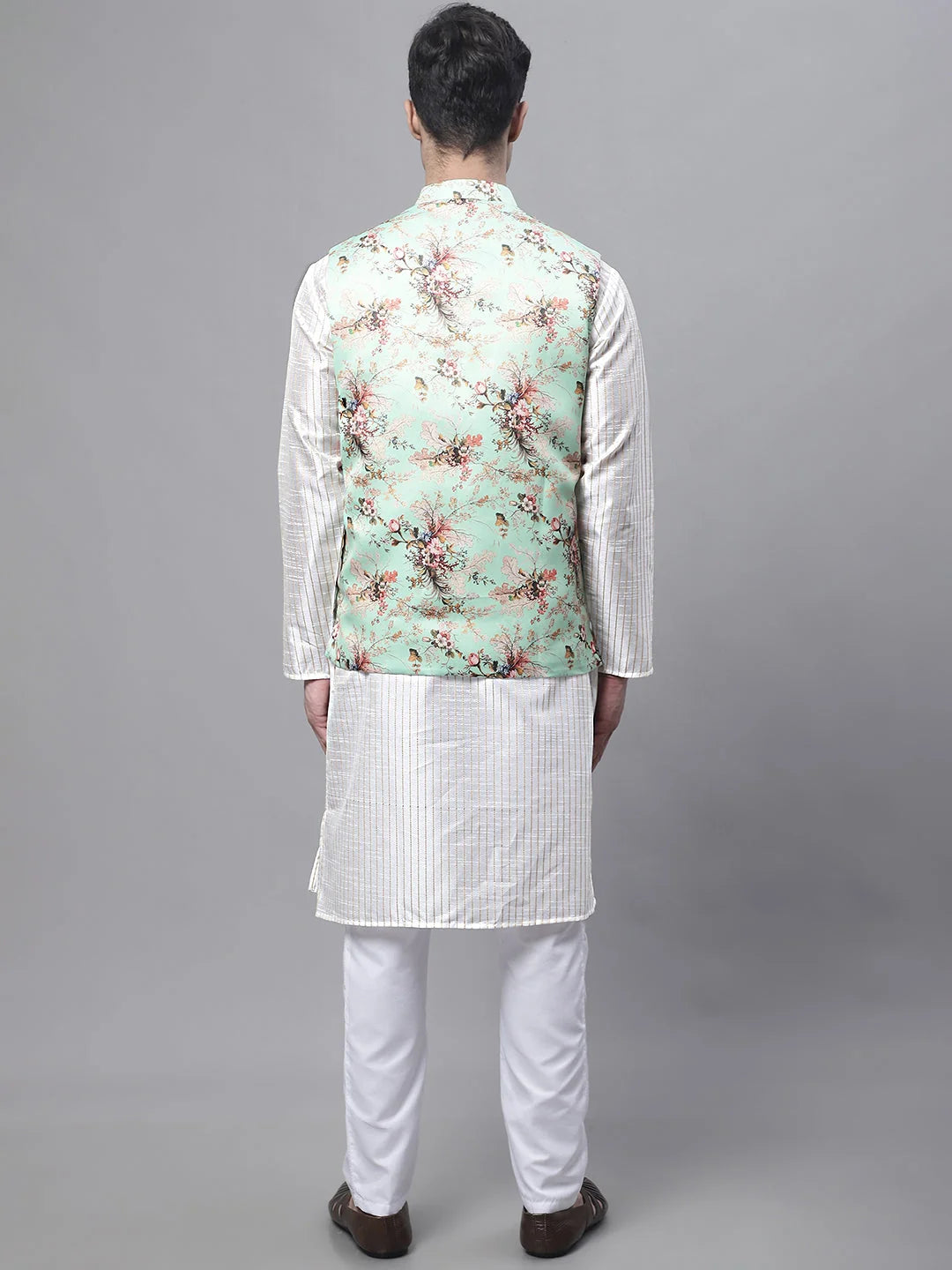Mens Kurta Pajama Set - Off White Embroidered Nehru Jacket