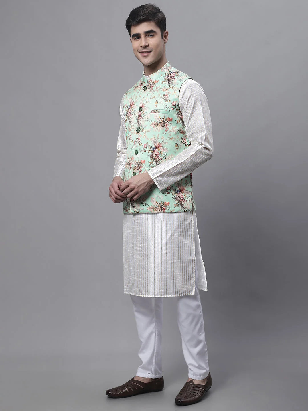 Mens Kurta Pajama Set - Off White Embroidered Nehru Jacket