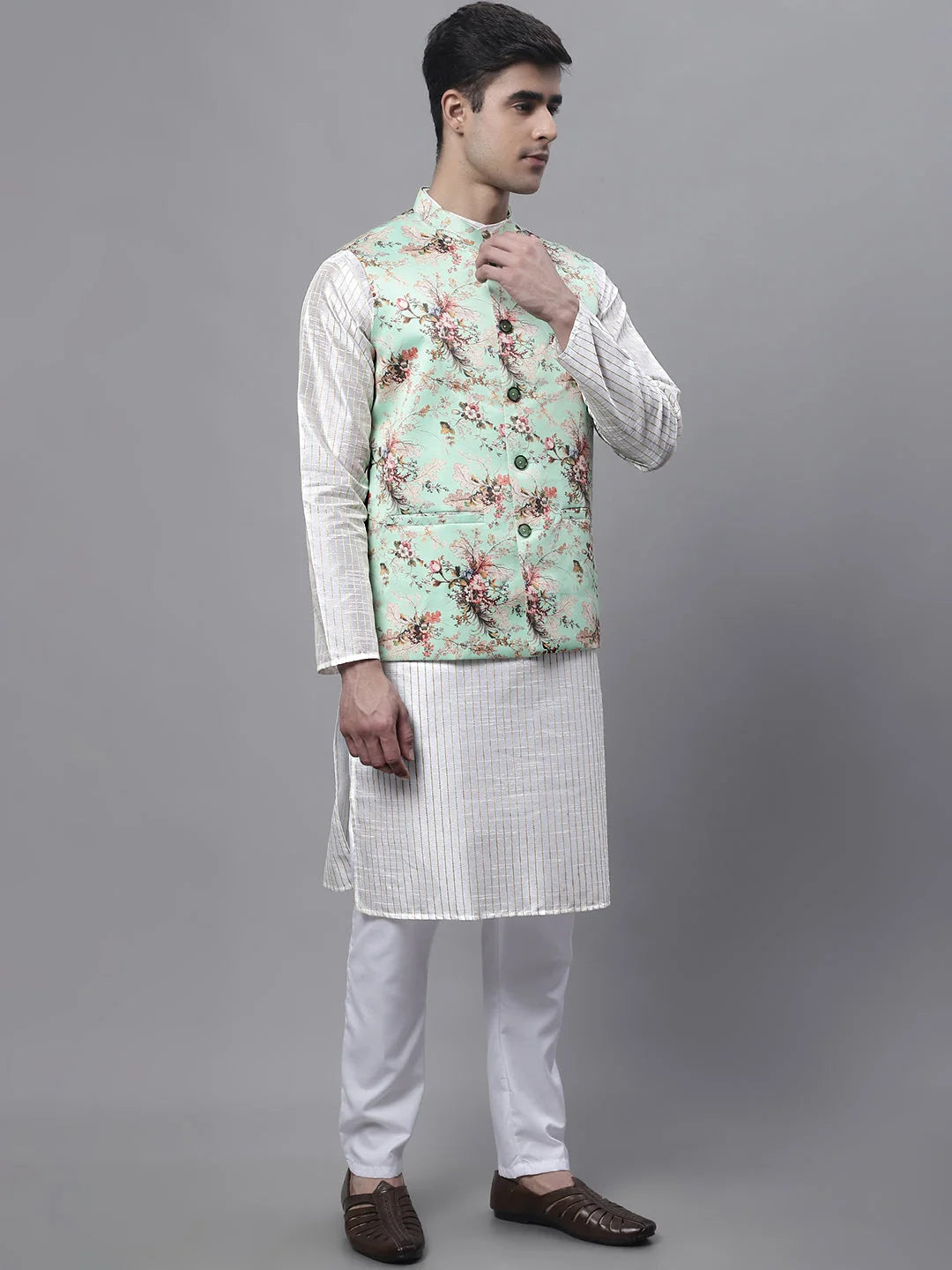Mens Kurta Pajama Set - Off White Embroidered Nehru Jacket