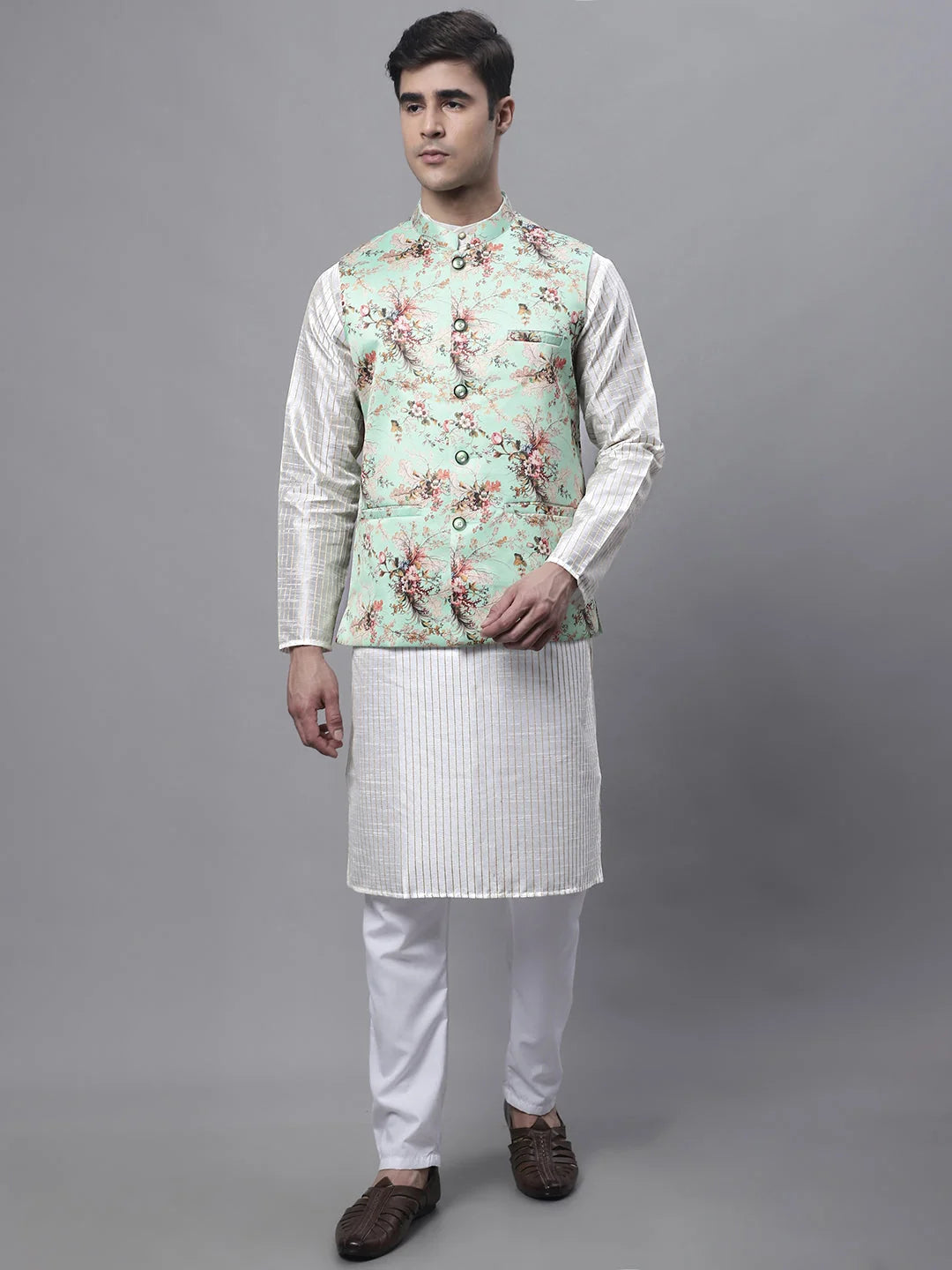 Mens Kurta Pajama Set - Off White Embroidered Nehru Jacket