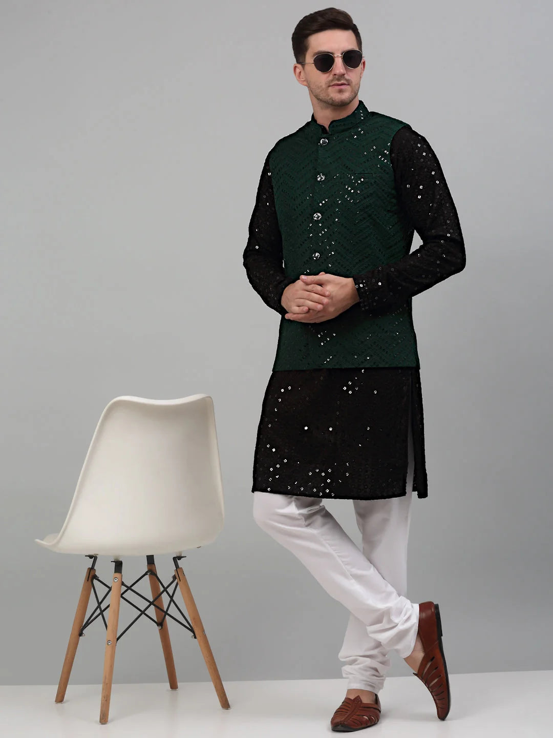 Sequin and Embroidered Nehru Assorted Jacket With Kurta Pyjama