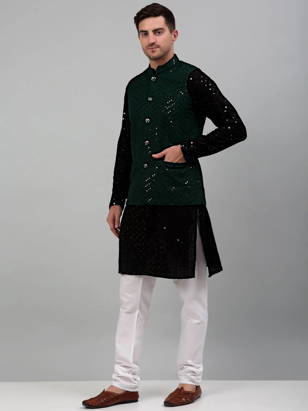 Embroidered Nehru Jacket with Kurta Pyjama | Pathani Suit