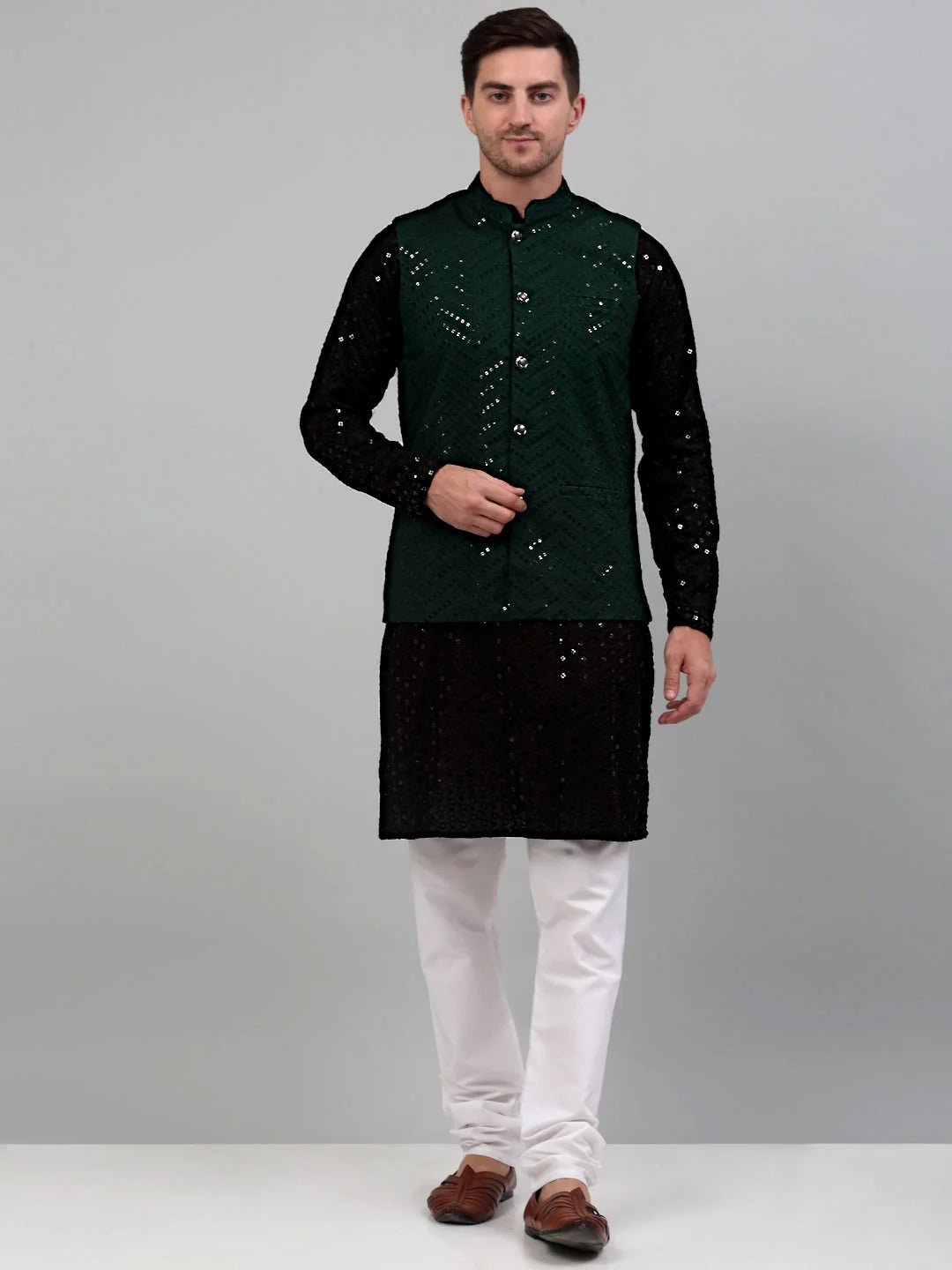 Embroidered Nehru Jacket with Kurta Pyjama | Pathani Suit