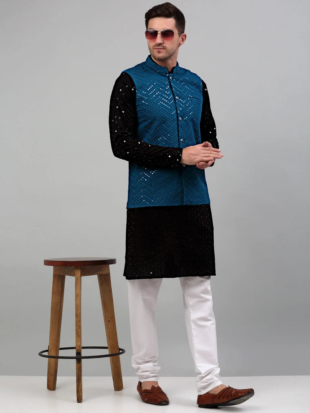 Sequin Nehru Jacket with Solid Kurta Pajama | Kurta Pajama