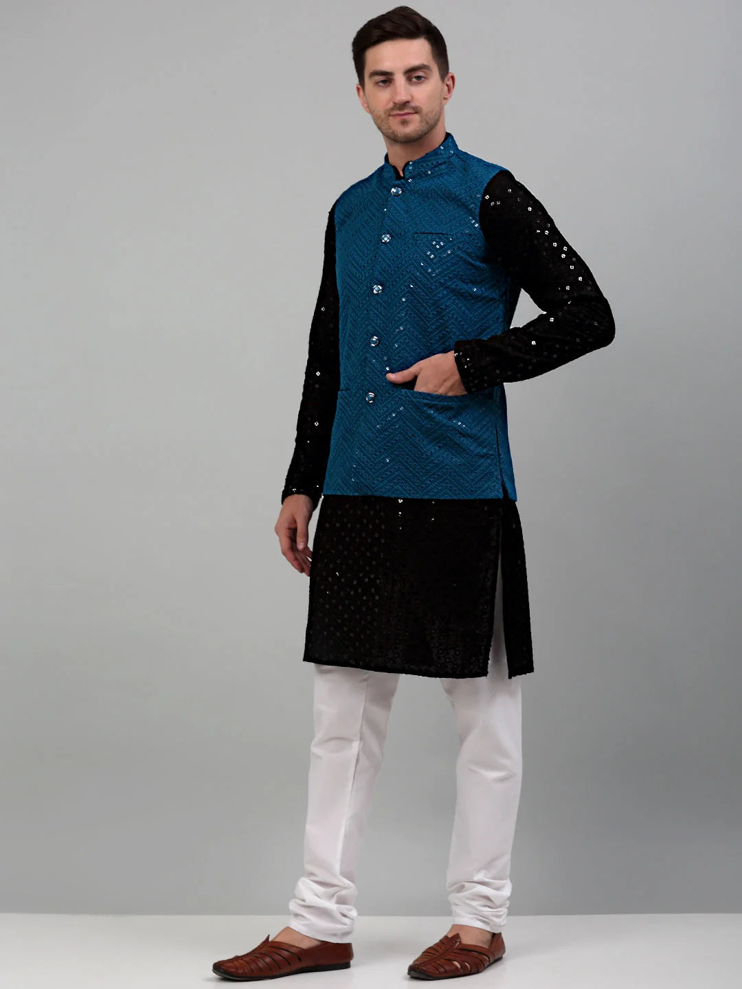 Sequin Nehru Jacket with Solid Kurta Pajama | Kurta Pajama