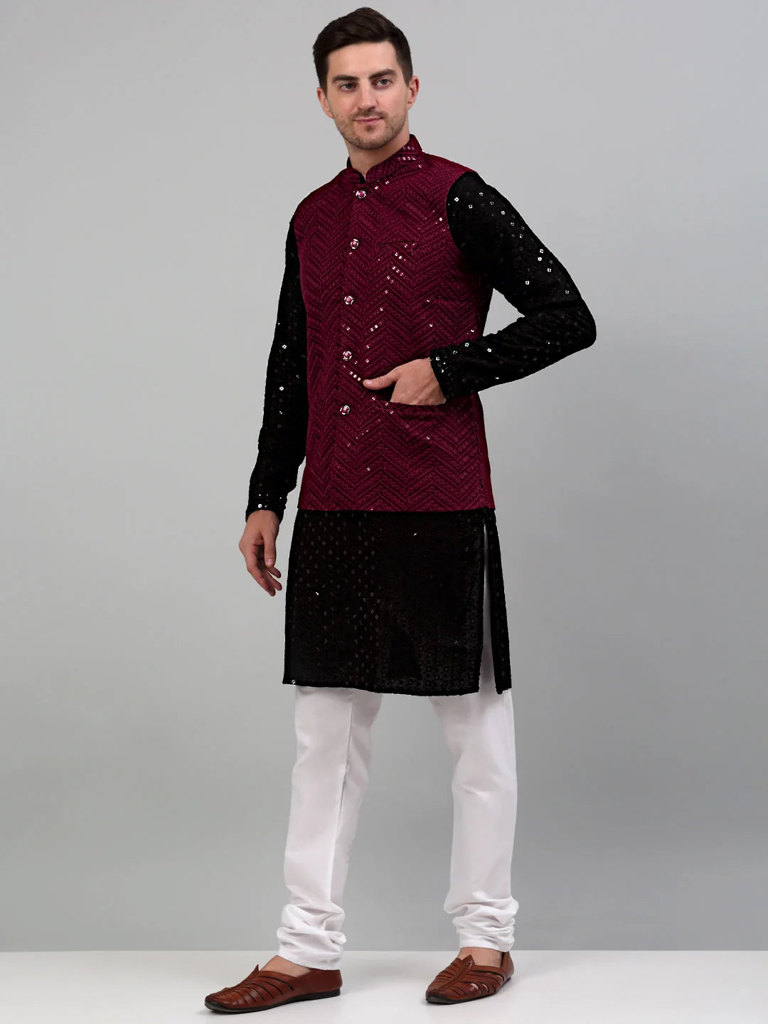 Sequin Nehru Jacket with Kurta Pajama | Mens Kurta Pajama Set