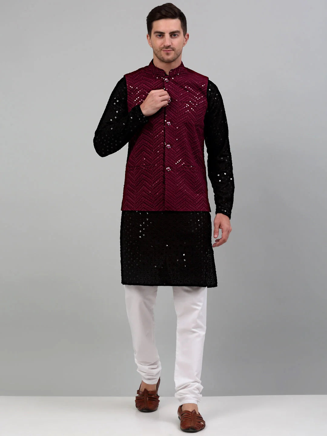 Sequin Nehru Jacket with Kurta Pajama | Mens Kurta Pajama Set