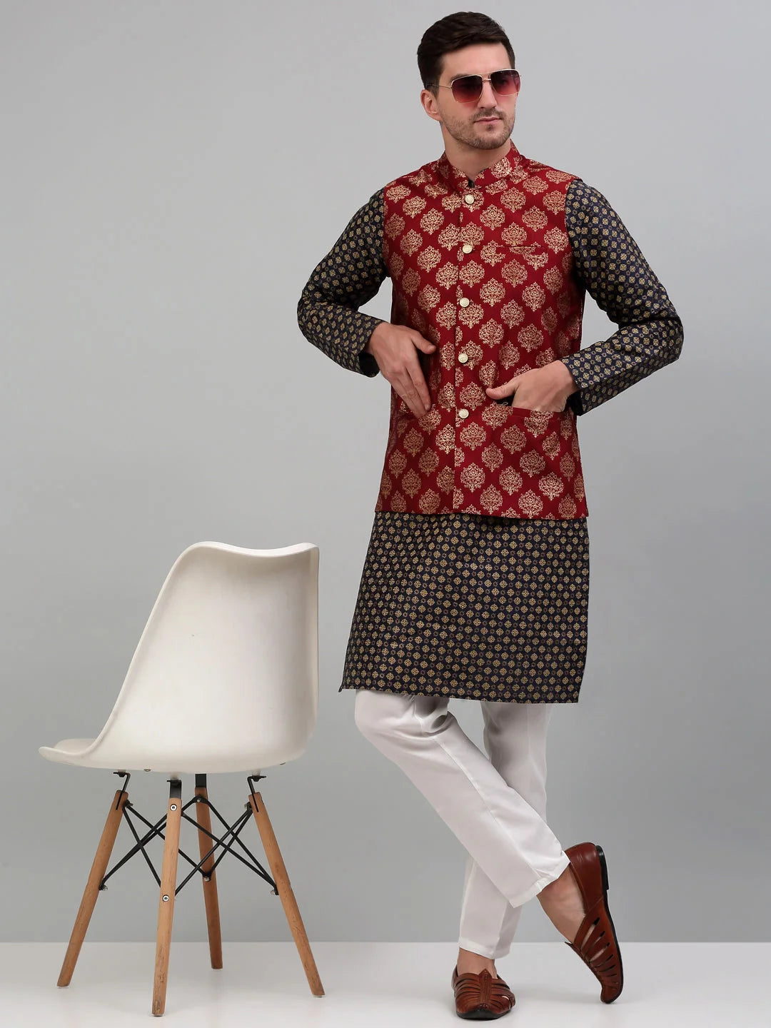 Men's Printed Nehru Jacket with Solid Kurta Pyjama Set