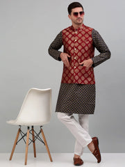 Men's Printed Nehru Jacket With Kurta Solid Pyjama Set