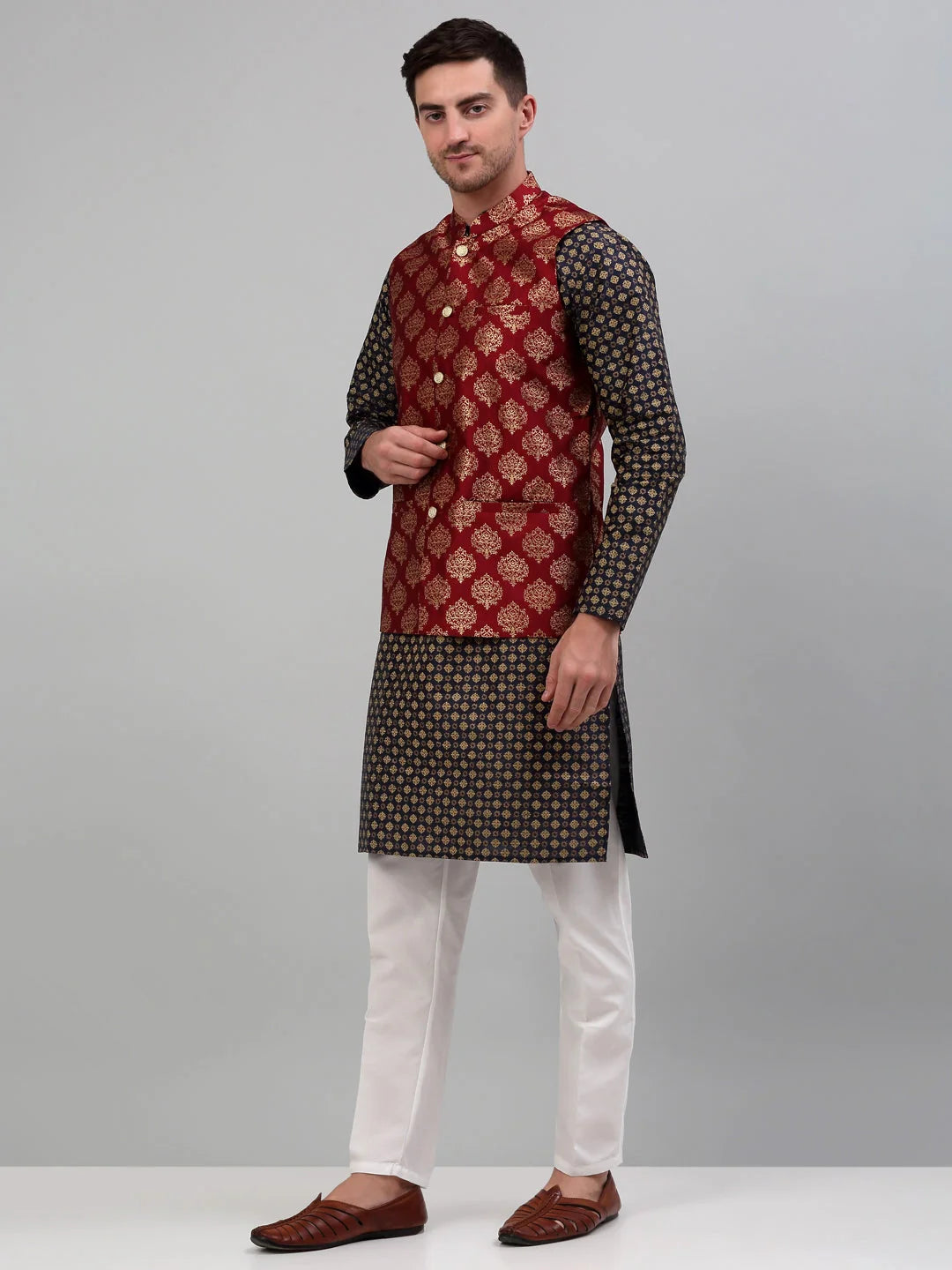 Men's Printed Nehru Jacket with Solid Kurta Pyjama Set