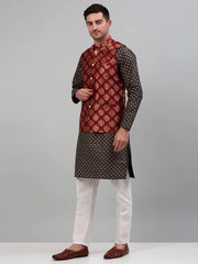 Men's Printed Nehru Jacket With Kurta Solid Pyjama Set
