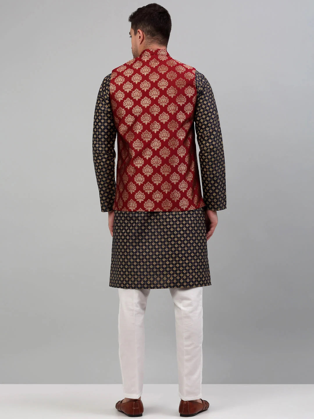 Men's Printed Nehru Jacket with Solid Kurta Pyjama Set