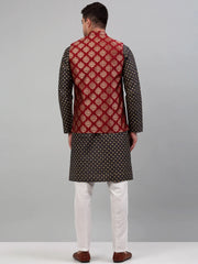 Men's Printed Nehru Jacket With Kurta Solid Pyjama Set