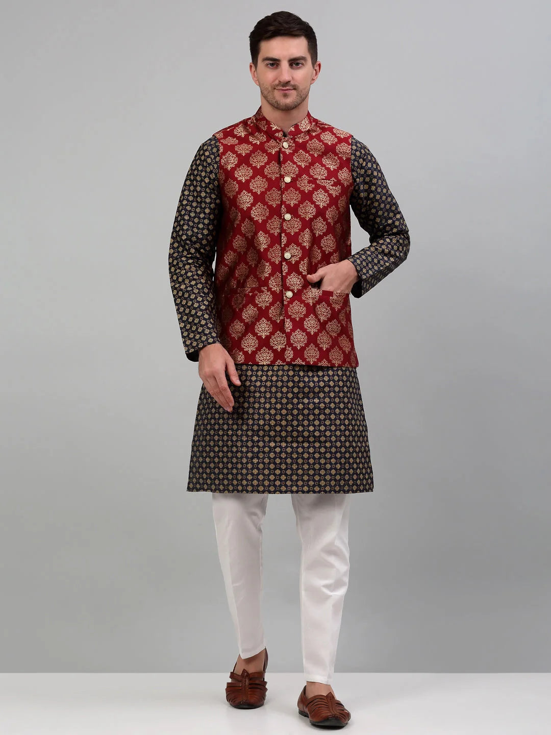 Men's Printed Nehru Jacket with Solid Kurta Pyjama Set