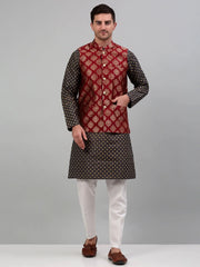 Men's Printed Nehru Jacket With Kurta Solid Pyjama Set