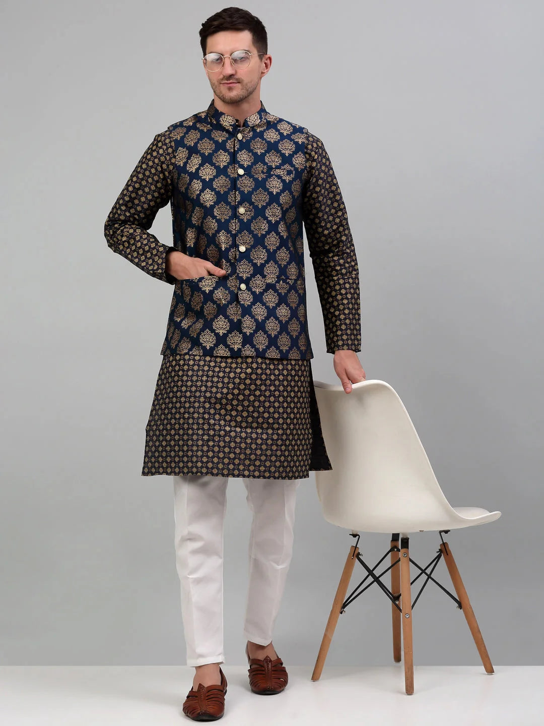 Men's Printed Nehru Solid With Kurta Pyjama Set