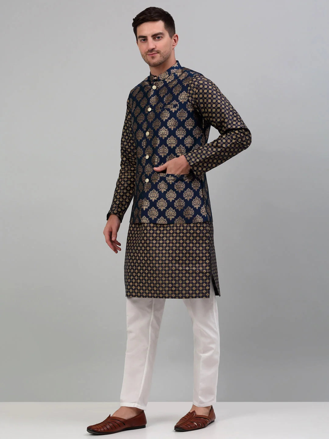 Printed Nehru Solid Kurta Pyjama Set | Men's Ethnic Wear