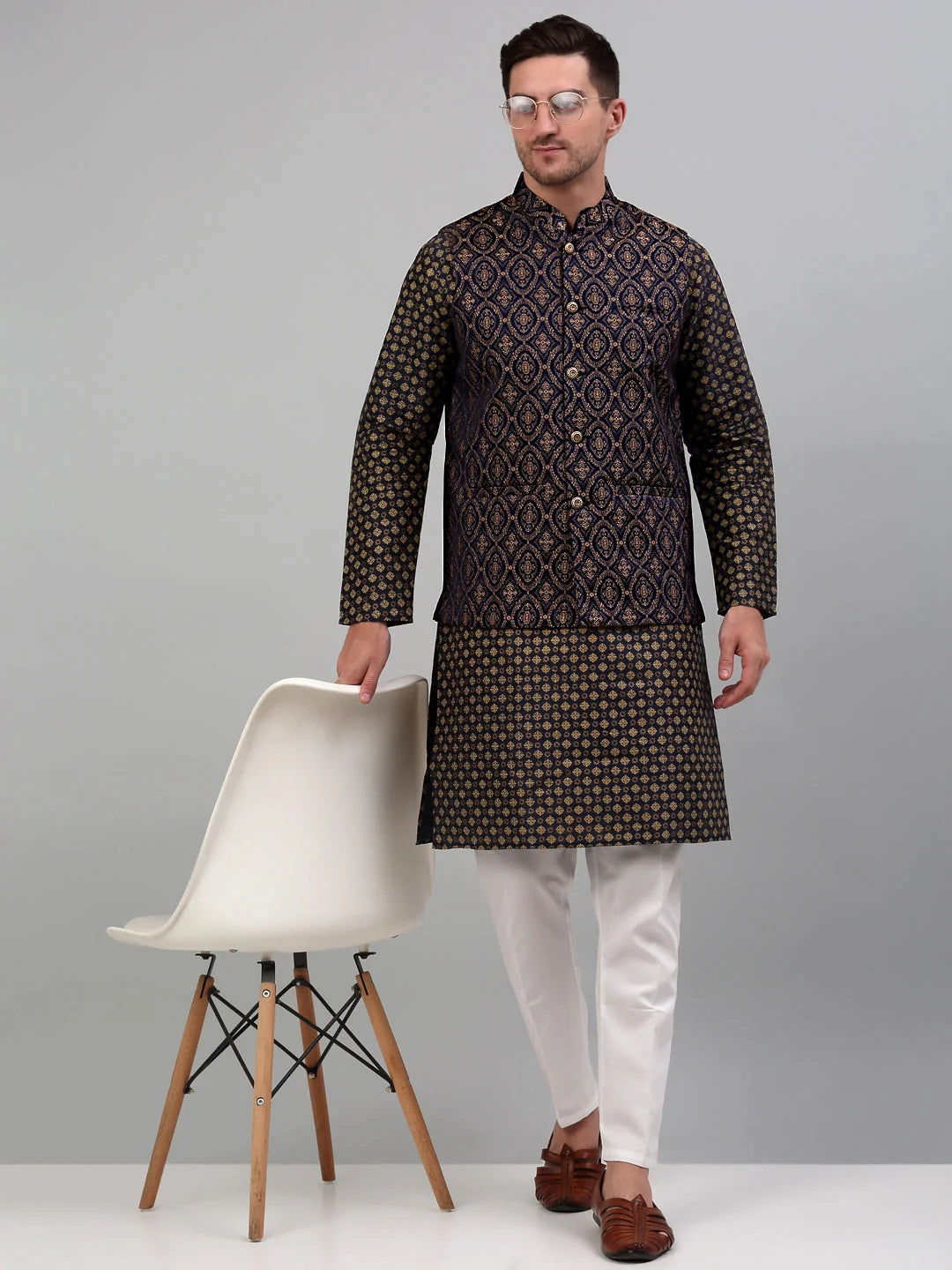 Men's Woven Design Nehru with Printed Kurta Pyjama Set