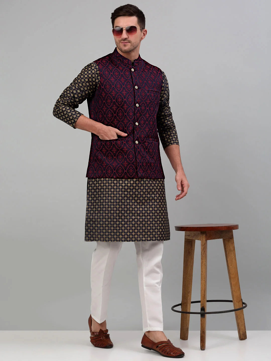 Men's Woven Styled Design Nehru Jacket with Printed Kurta Pyjama Set