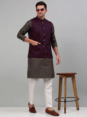Men's Woven Styled Design Nehru Jacket with Printed Kurta Pyjama Set