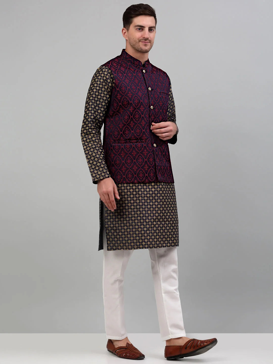 Stylish Woven Nehru Jacket with Printed Kurta Pyjama Set