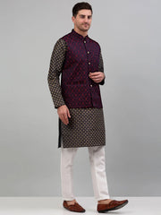 Men's Woven Styled Design Nehru Jacket with Printed Kurta Pyjama Set