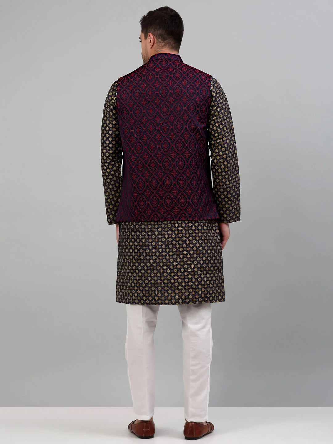 Stylish Woven Nehru Jacket with Printed Kurta Pyjama Set
