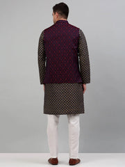 Men's Woven Styled Design Nehru Jacket with Printed Kurta Pyjama Set