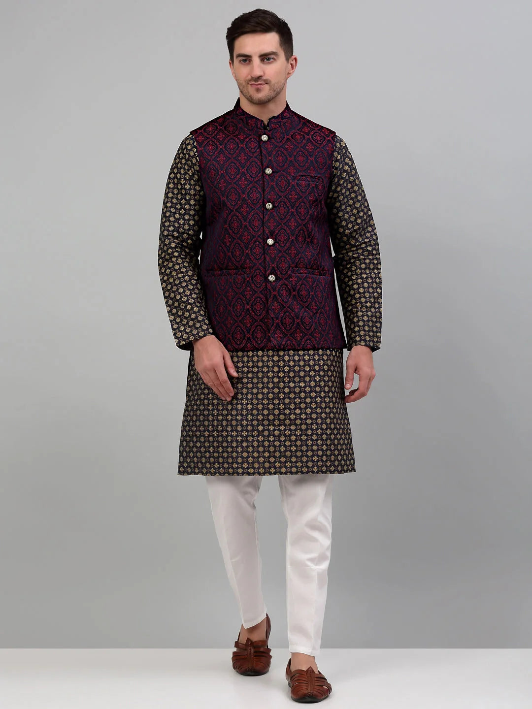 Stylish Woven Nehru Jacket with Printed Kurta Pyjama Set